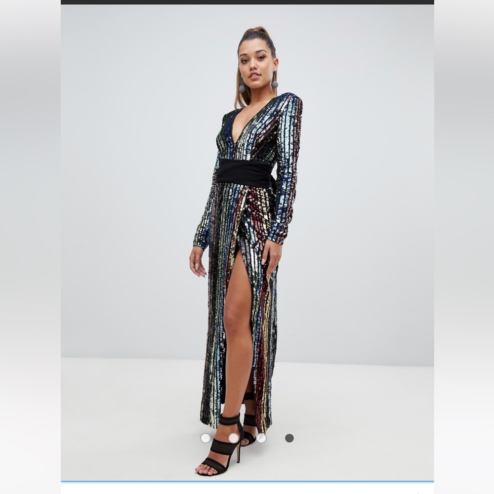 Club L London Sequin Multicolor Long Sleeve Dress with Removable Black Sash Belt